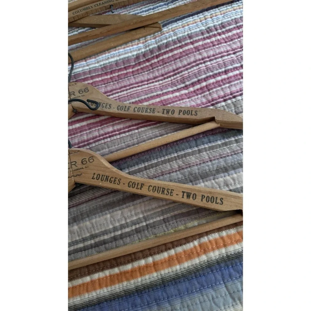 Vtg 5 pc Lot Antique Wire Hangers Advertising Wooden Clothes ny nj fl mo